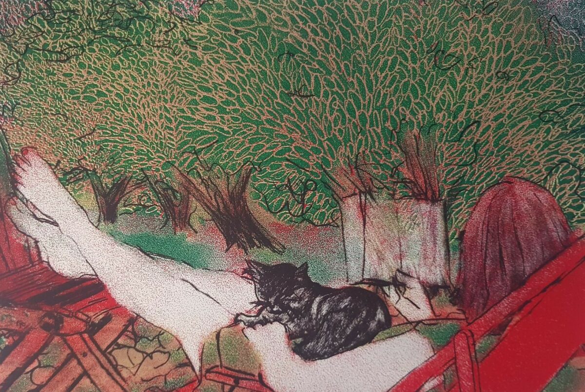 Skadi Engeln Lesereisende in Olivenheim silketrykk 29 x 41 cm opplag 21