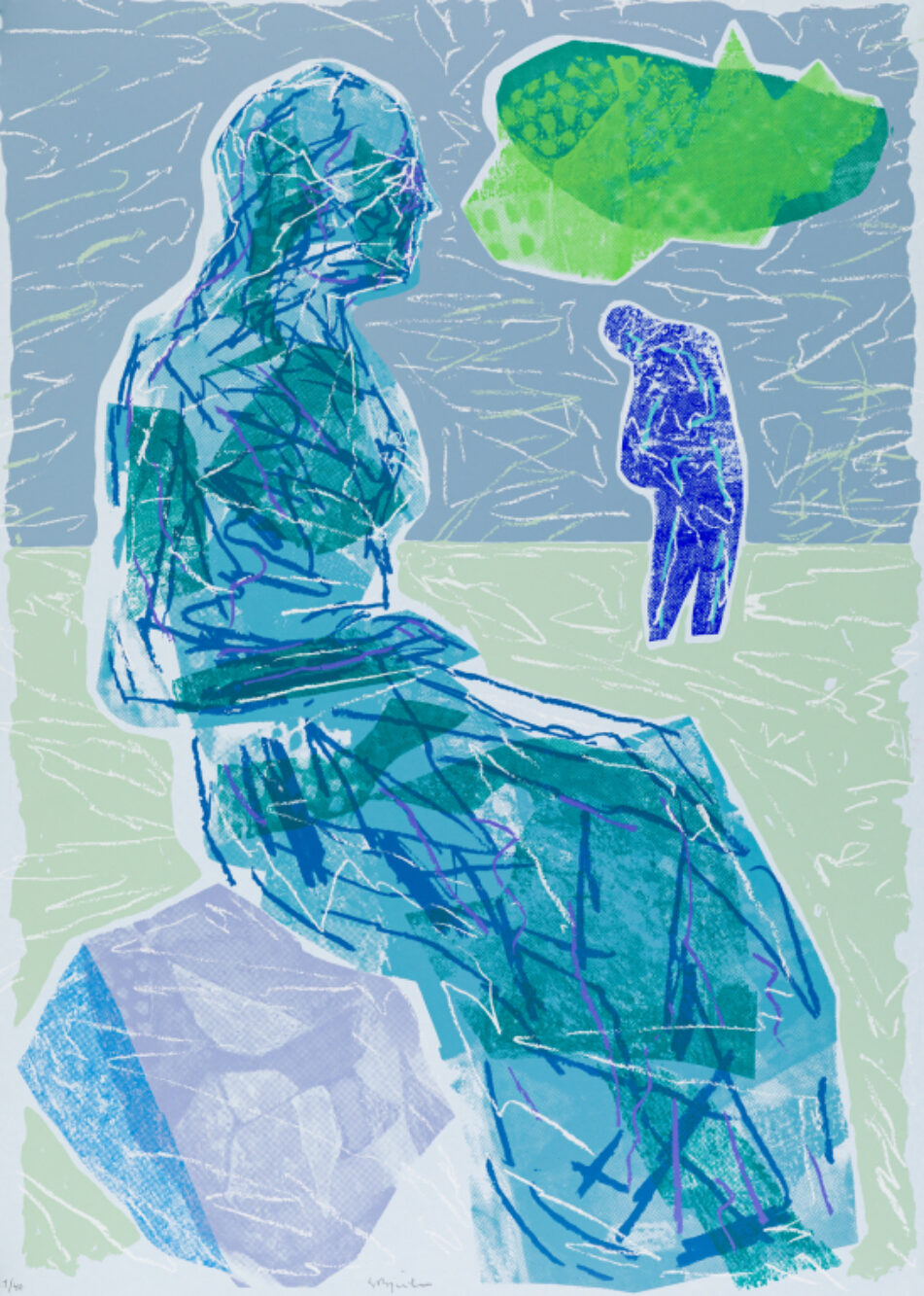 SVERRE BJERTNAES VENTENDE I STILLHET BLA SILKETRYKK 70 X 50 CM OPPLAG 40 8000 NOK